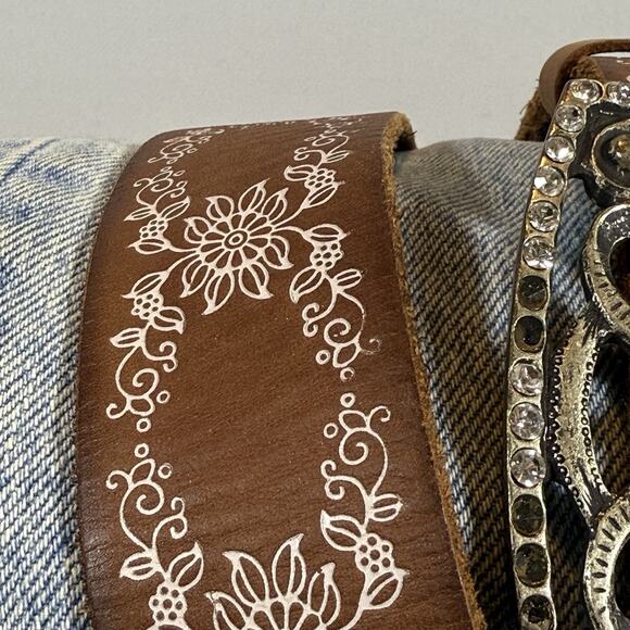 Vintage Western Leather Rhinestone Cowgirl Boho Belt - Silver, Black Wms S - Picture 3 of 10